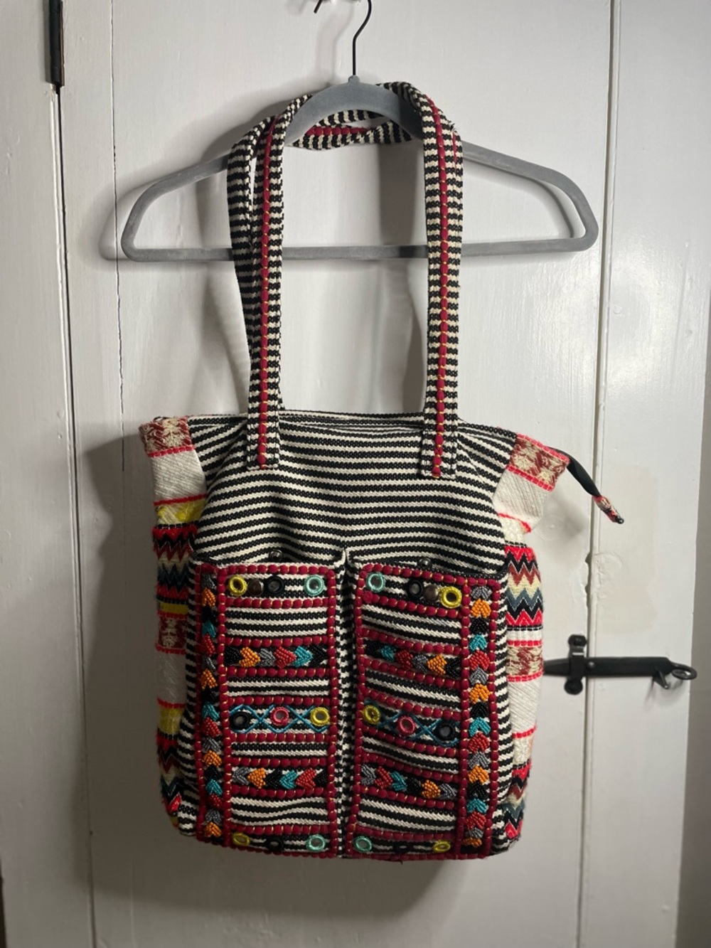 America & Beyond Striped and Beaded Woven Zip Top Tote Bag w/ beaded accents